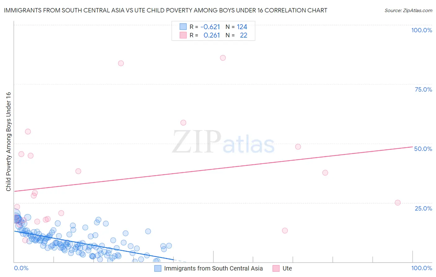 Immigrants from South Central Asia vs Ute Child Poverty Among Boys Under 16