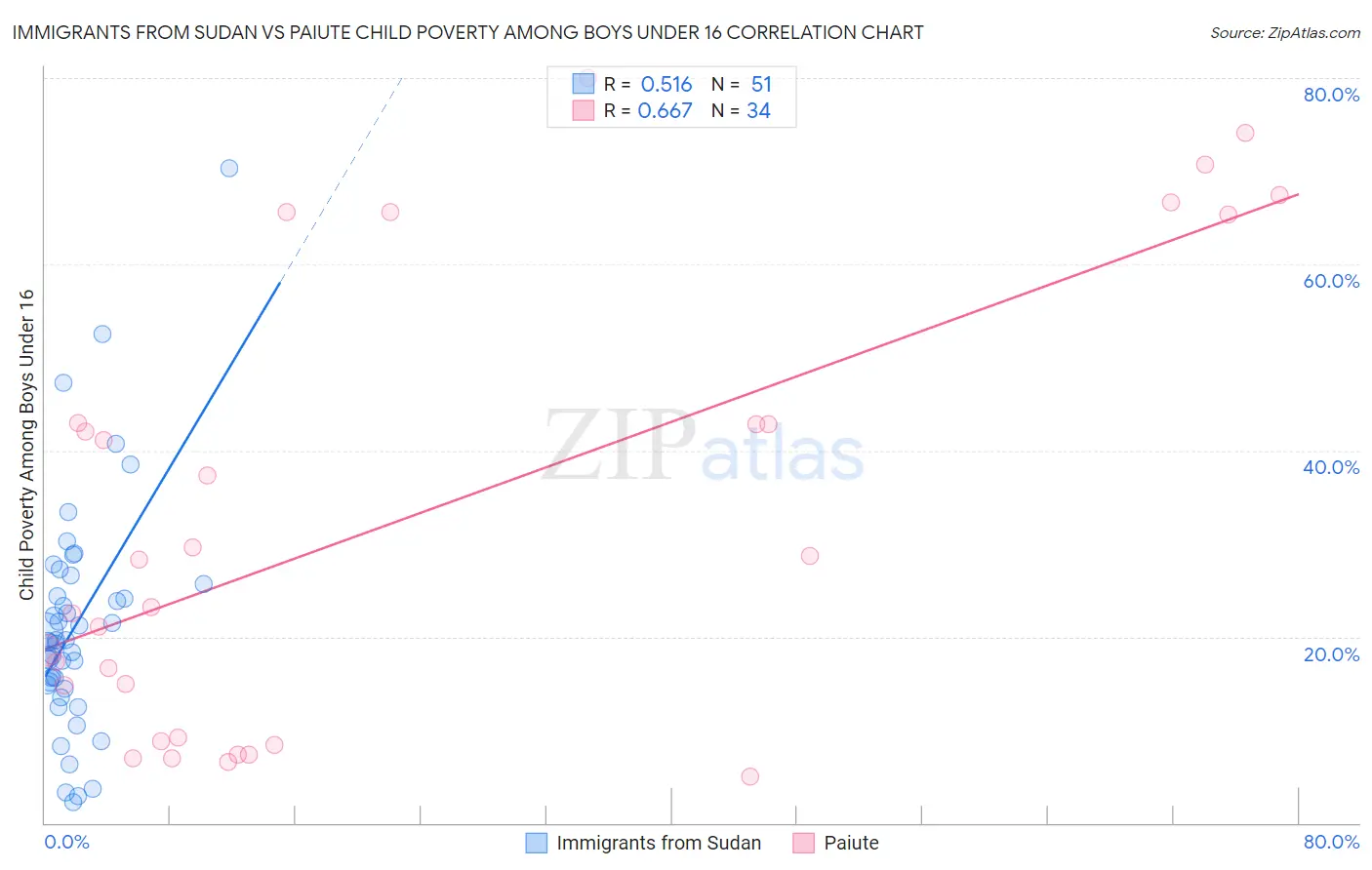 Immigrants from Sudan vs Paiute Child Poverty Among Boys Under 16