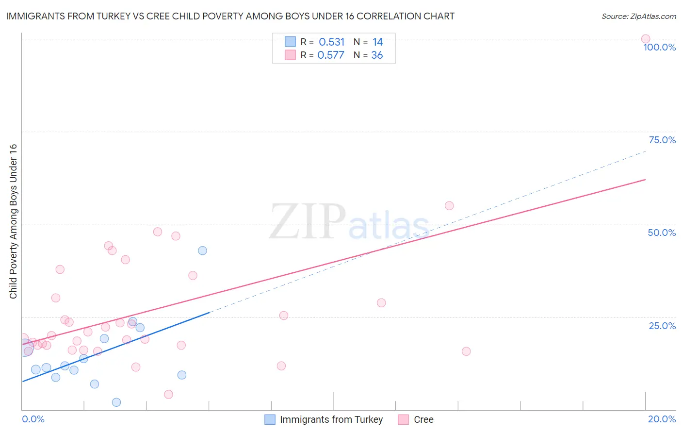 Immigrants from Turkey vs Cree Child Poverty Among Boys Under 16