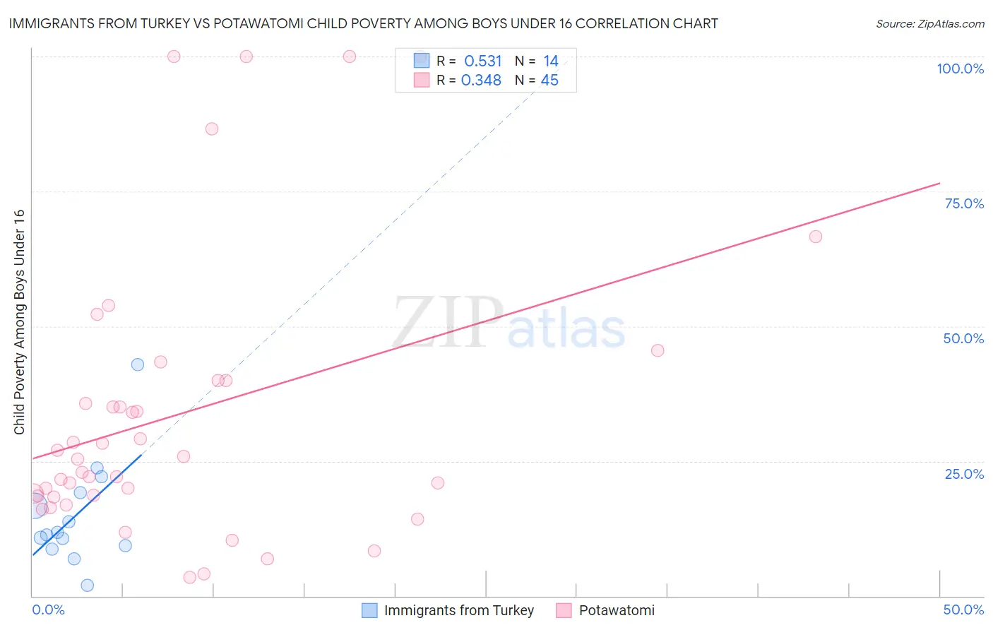 Immigrants from Turkey vs Potawatomi Child Poverty Among Boys Under 16