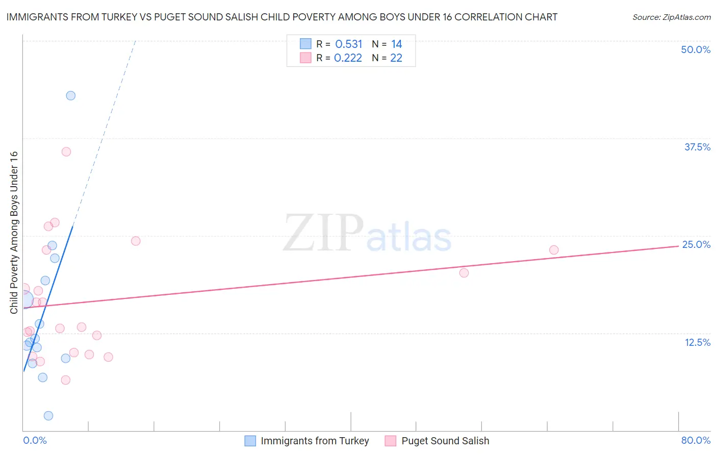 Immigrants from Turkey vs Puget Sound Salish Child Poverty Among Boys Under 16