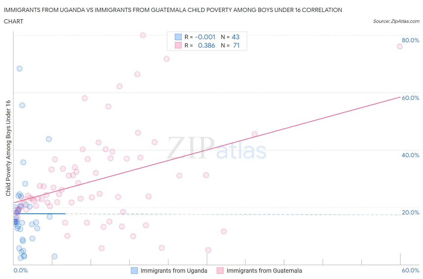 Immigrants from Uganda vs Immigrants from Guatemala Child Poverty Among Boys Under 16