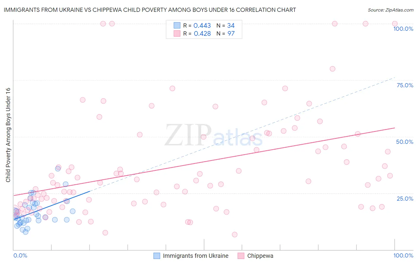 Immigrants from Ukraine vs Chippewa Child Poverty Among Boys Under 16