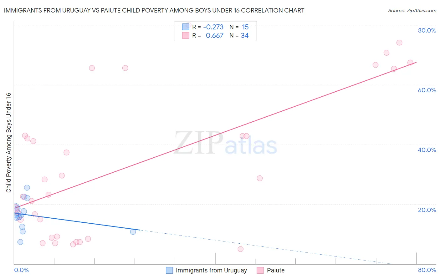 Immigrants from Uruguay vs Paiute Child Poverty Among Boys Under 16