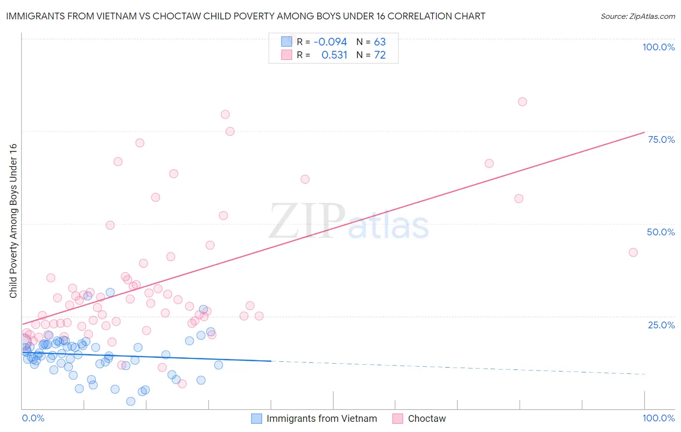 Immigrants from Vietnam vs Choctaw Child Poverty Among Boys Under 16