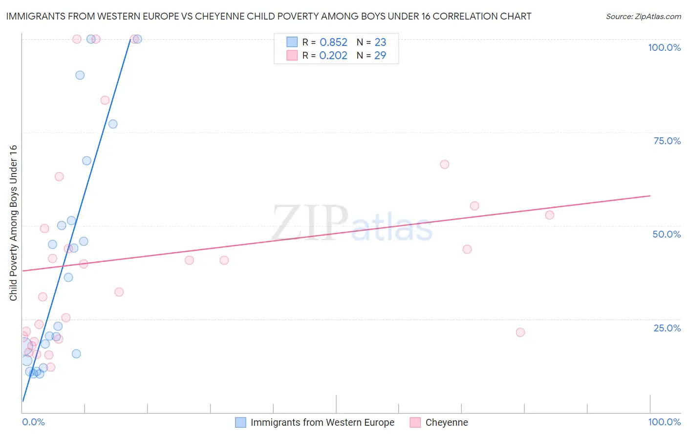 Immigrants from Western Europe vs Cheyenne Child Poverty Among Boys Under 16