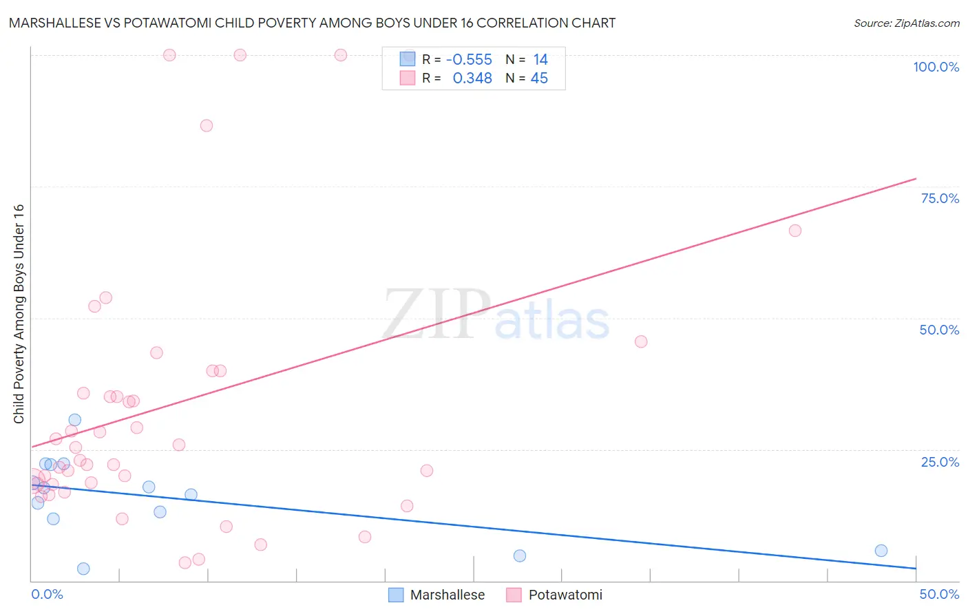 Marshallese vs Potawatomi Child Poverty Among Boys Under 16