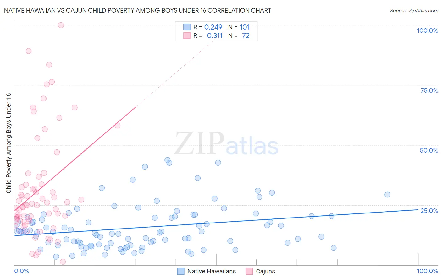 Native Hawaiian vs Cajun Child Poverty Among Boys Under 16