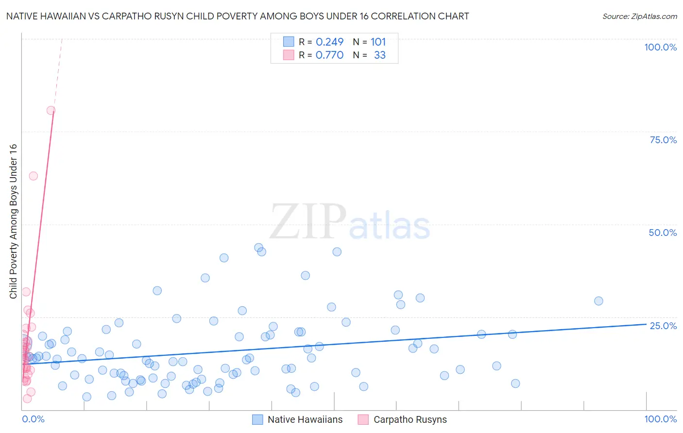 Native Hawaiian vs Carpatho Rusyn Child Poverty Among Boys Under 16