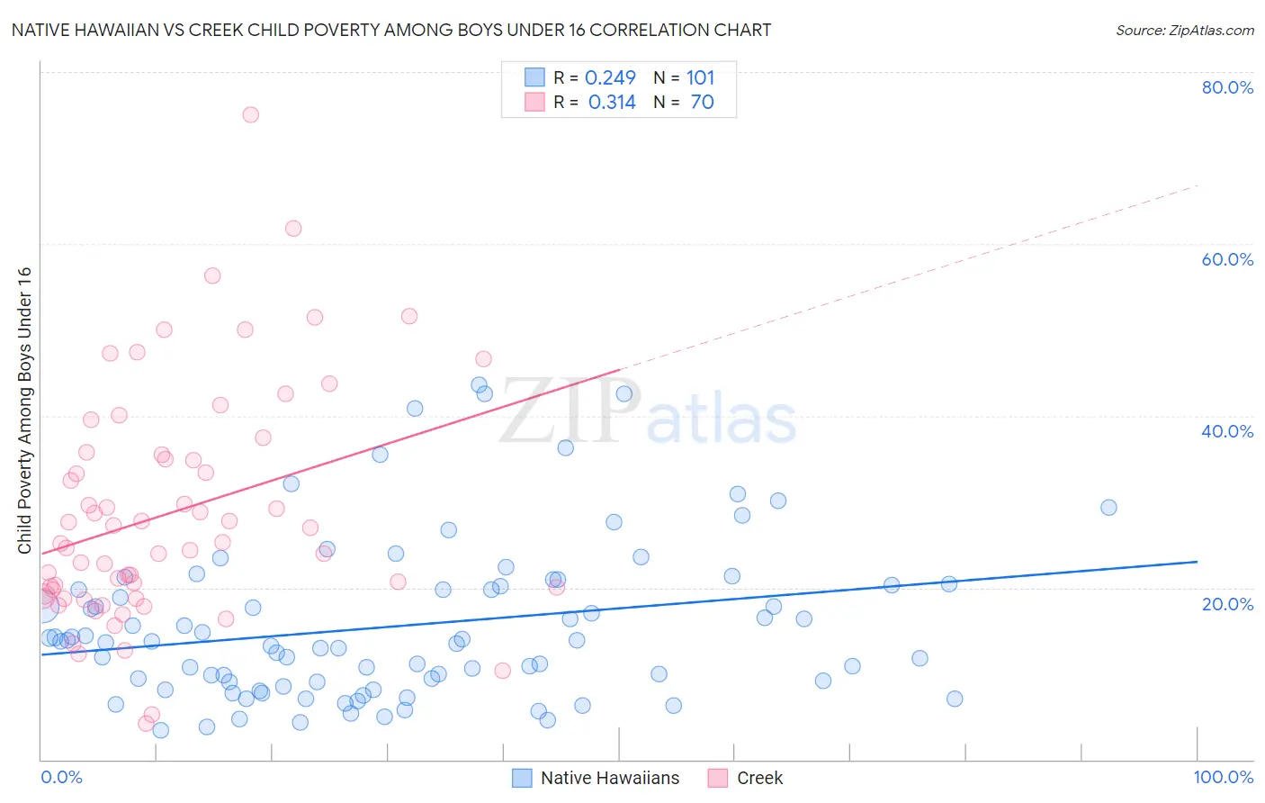 Native Hawaiian vs Creek Child Poverty Among Boys Under 16