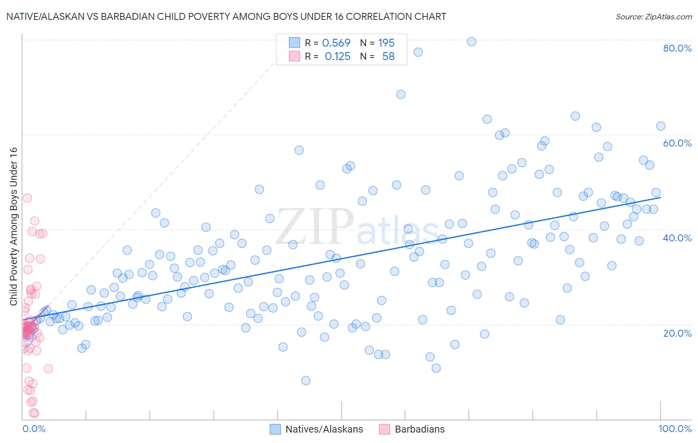 Native/Alaskan vs Barbadian Child Poverty Among Boys Under 16