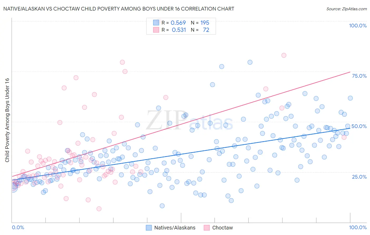 Native/Alaskan vs Choctaw Child Poverty Among Boys Under 16