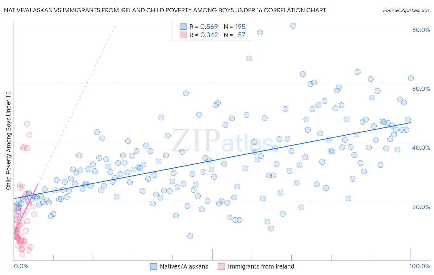 Native/Alaskan vs Immigrants from Ireland Child Poverty Among Boys Under 16