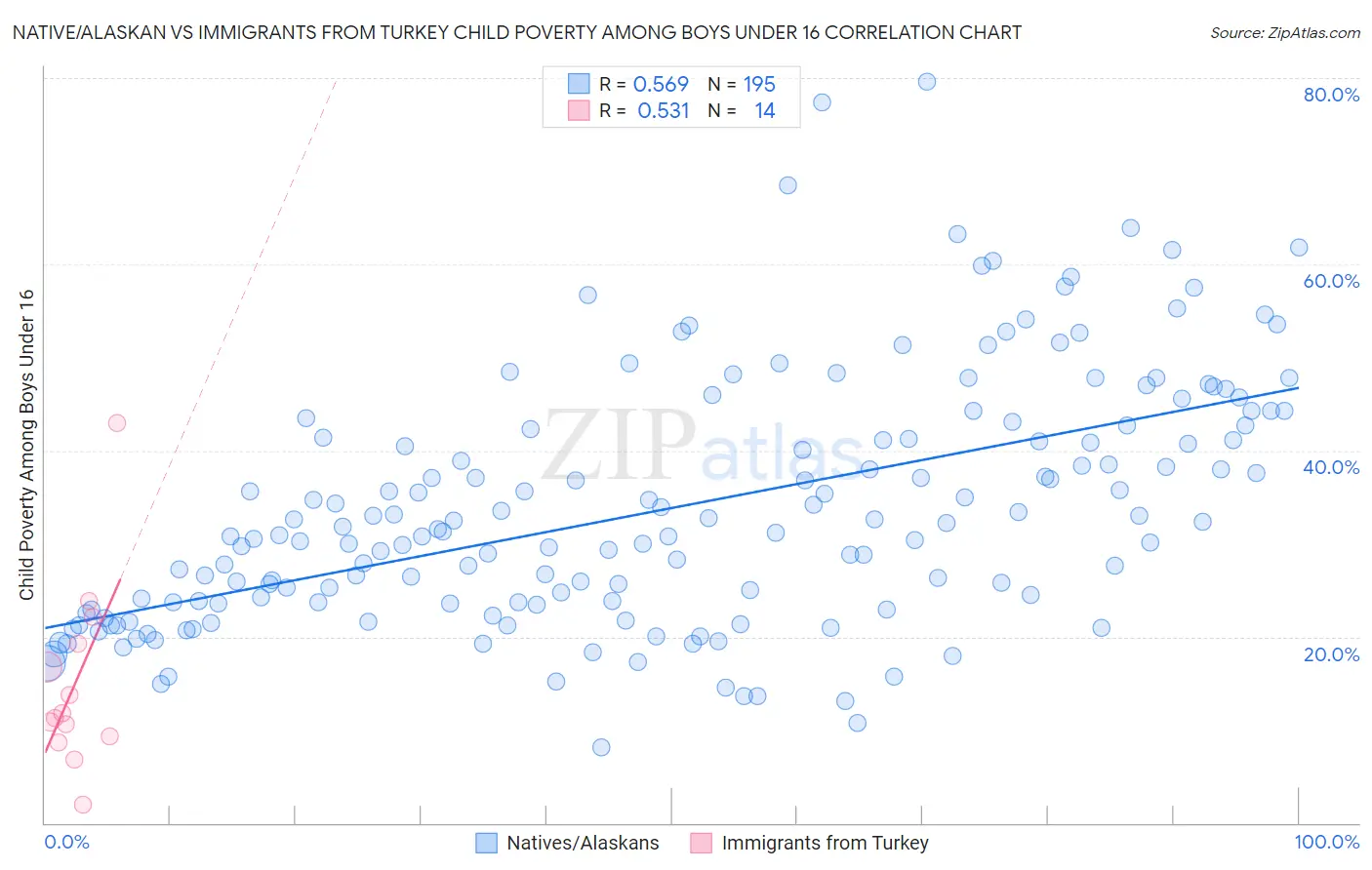 Native/Alaskan vs Immigrants from Turkey Child Poverty Among Boys Under 16