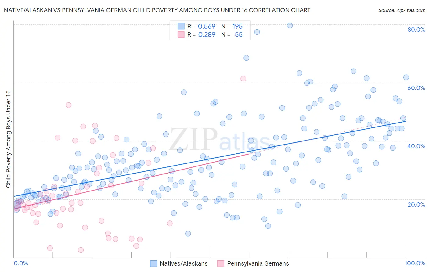 Native/Alaskan vs Pennsylvania German Child Poverty Among Boys Under 16