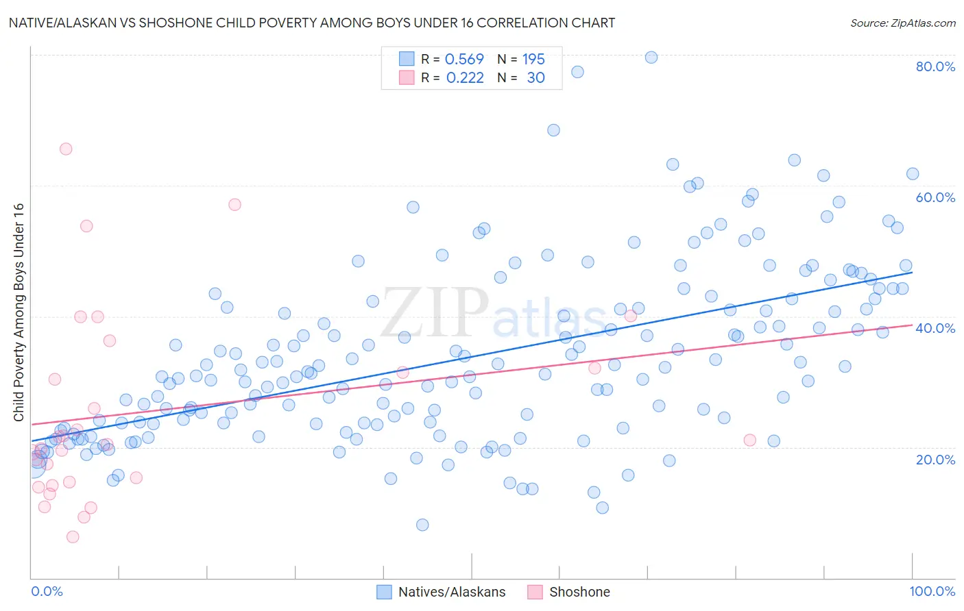 Native/Alaskan vs Shoshone Child Poverty Among Boys Under 16