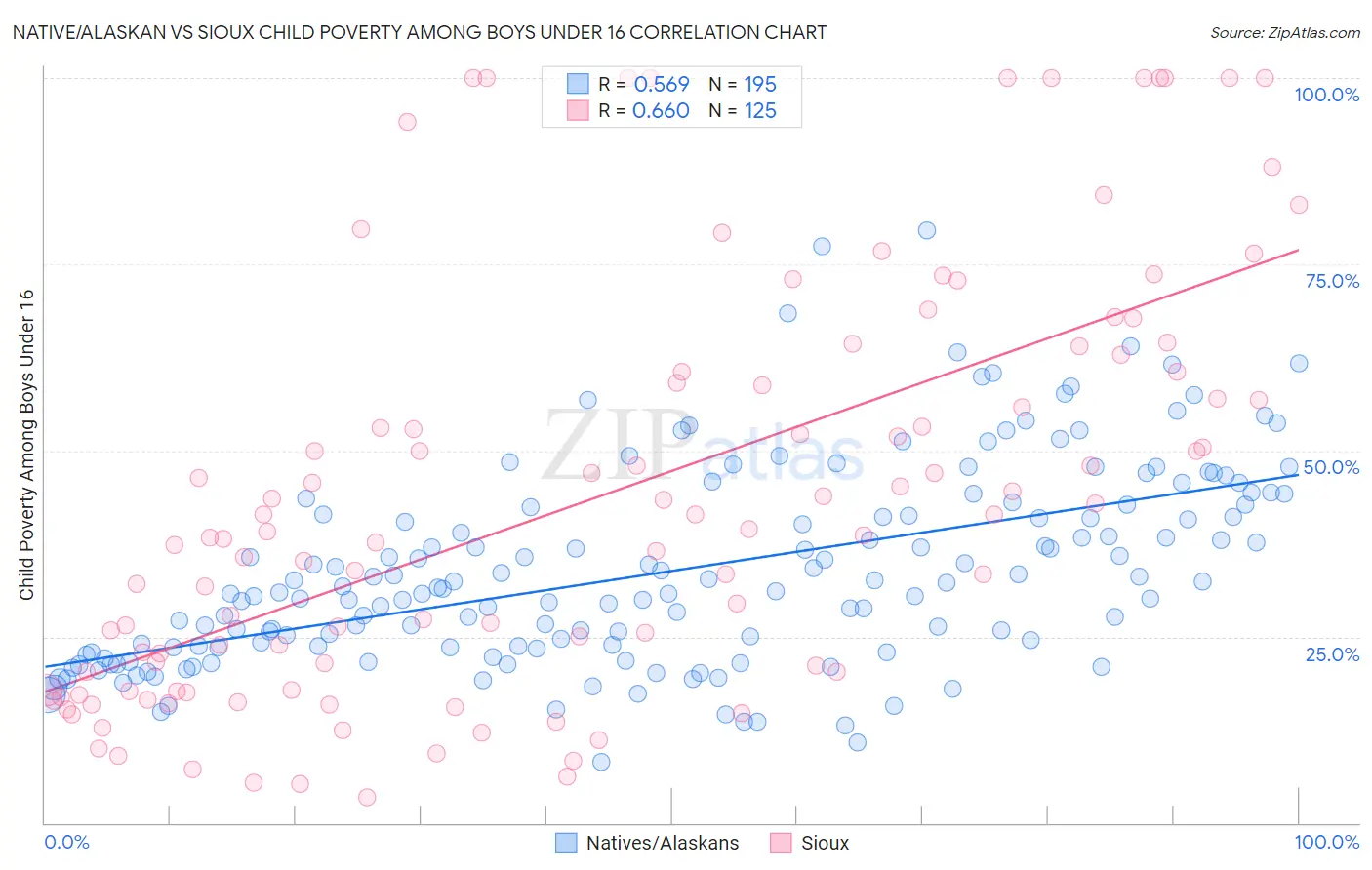 Native/Alaskan vs Sioux Child Poverty Among Boys Under 16