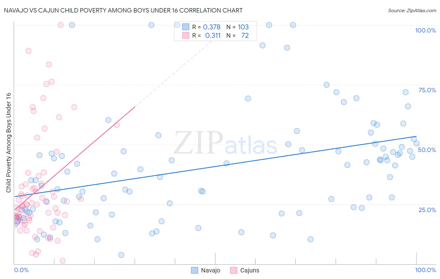 Navajo vs Cajun Child Poverty Among Boys Under 16