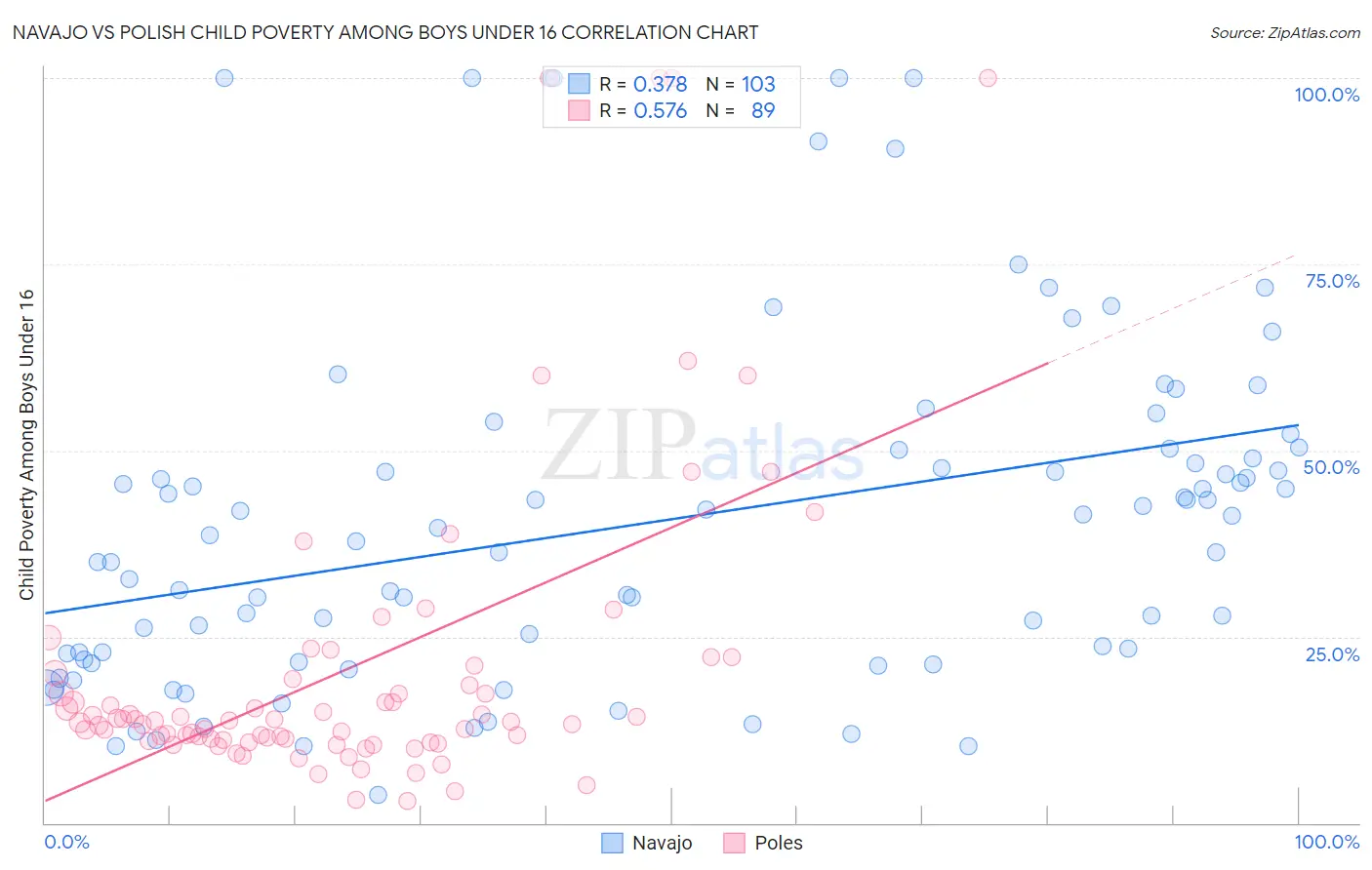 Navajo vs Polish Child Poverty Among Boys Under 16