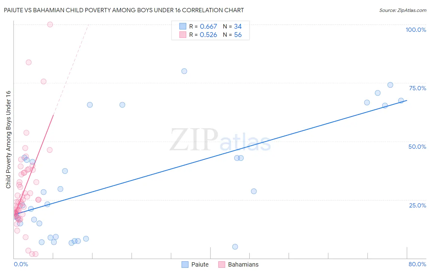 Paiute vs Bahamian Child Poverty Among Boys Under 16