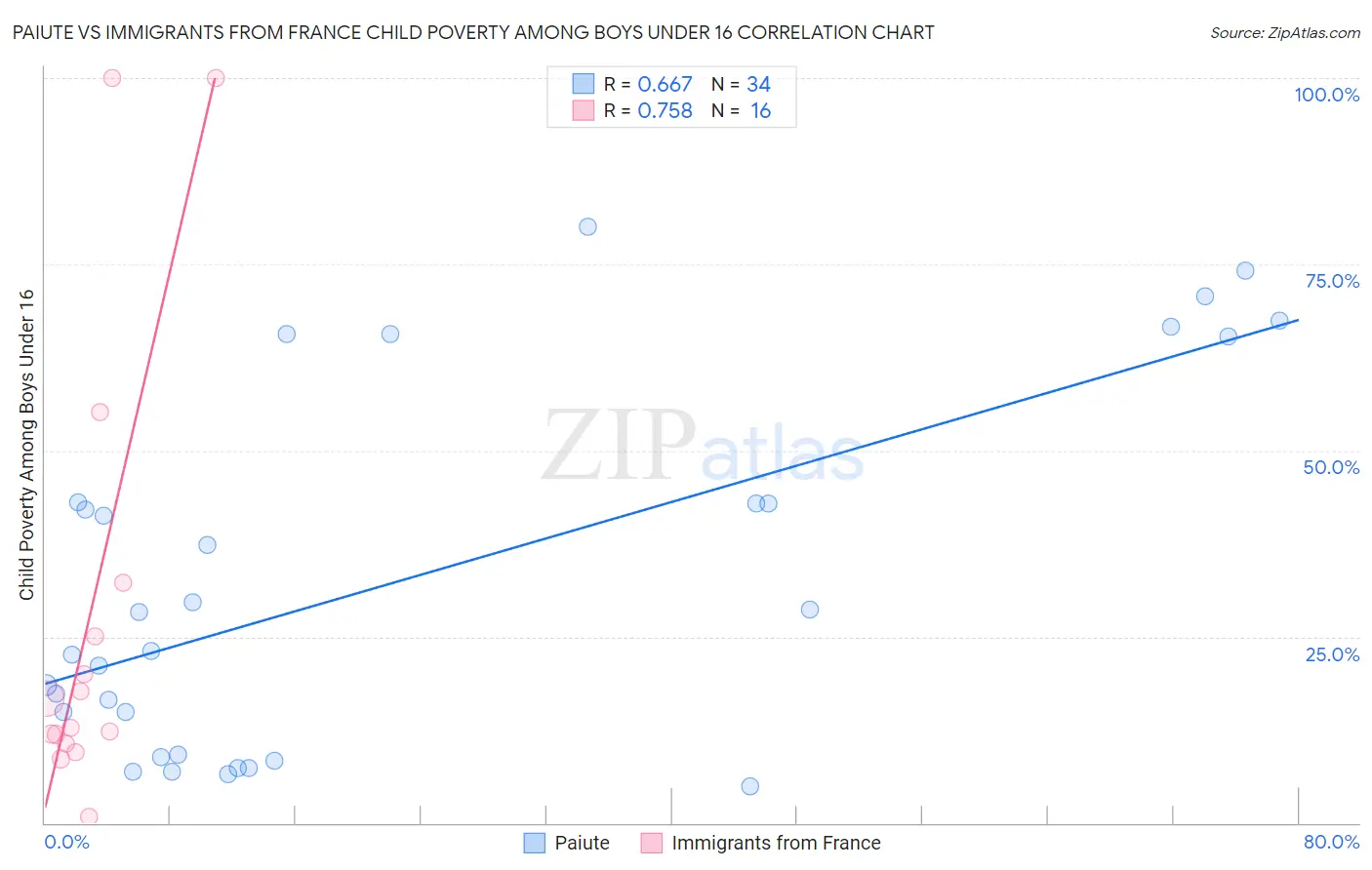 Paiute vs Immigrants from France Child Poverty Among Boys Under 16