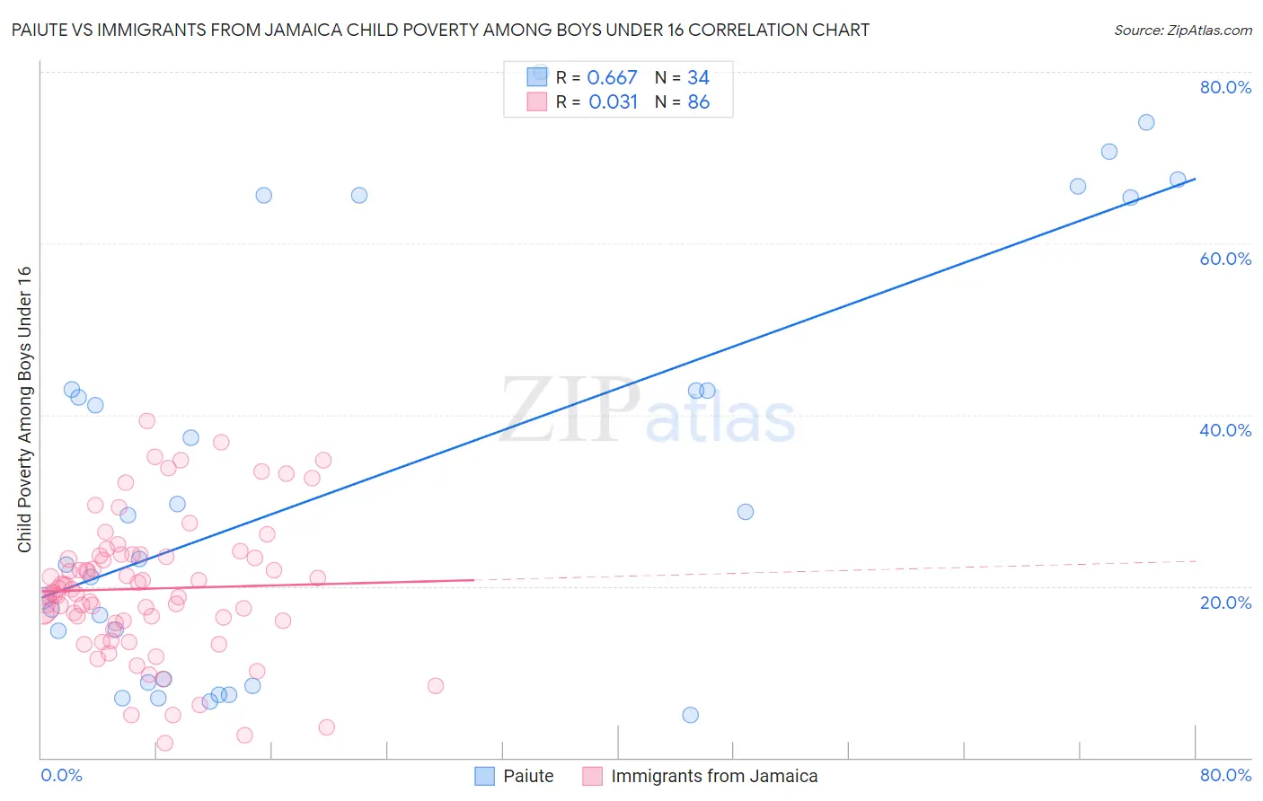 Paiute vs Immigrants from Jamaica Child Poverty Among Boys Under 16