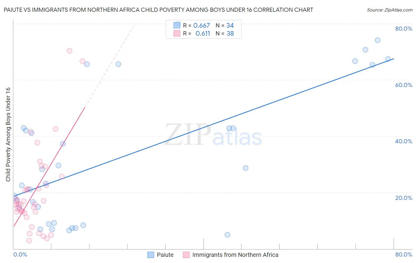 Paiute vs Immigrants from Northern Africa Child Poverty Among Boys Under 16