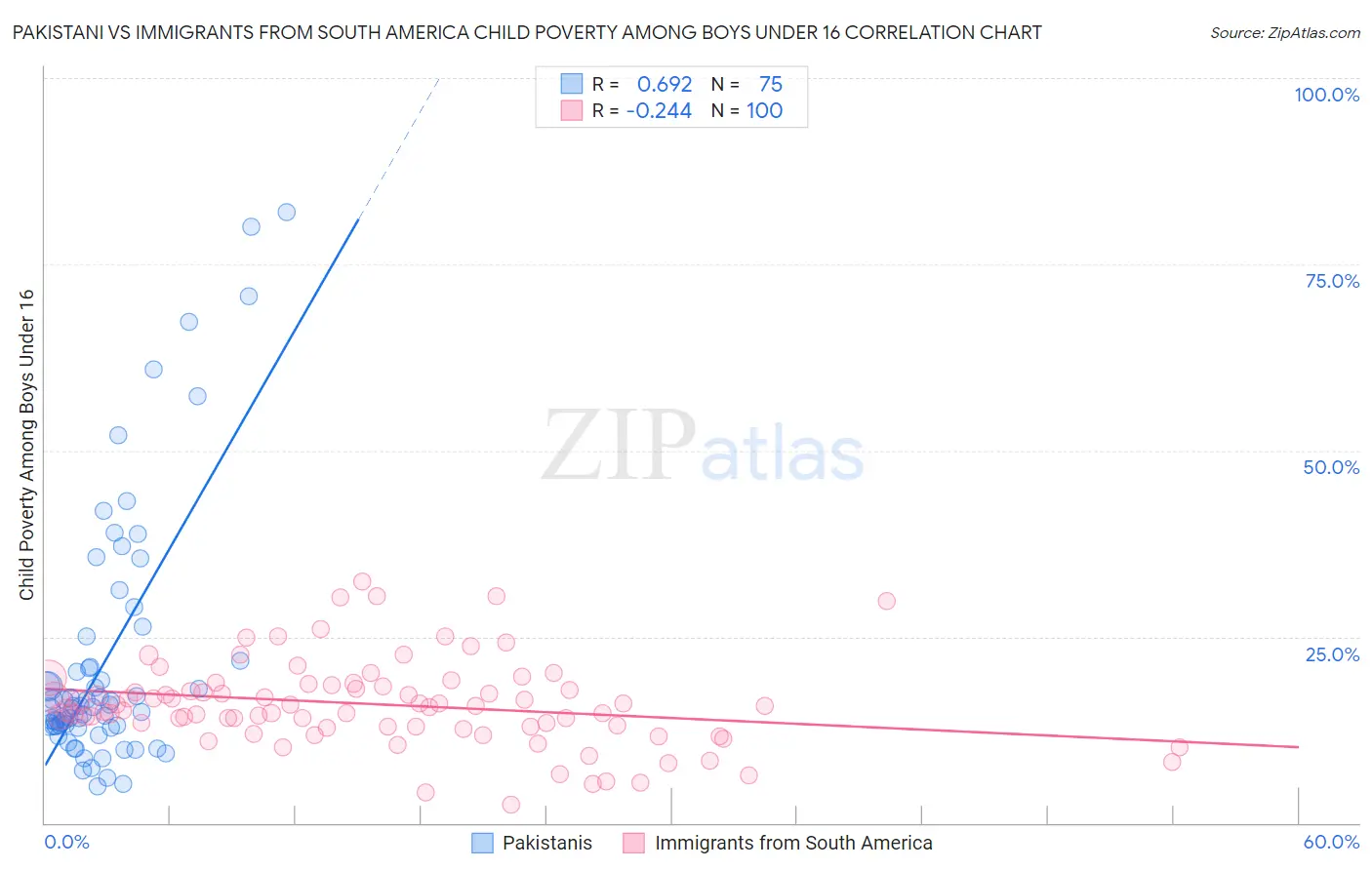 Pakistani vs Immigrants from South America Child Poverty Among Boys Under 16