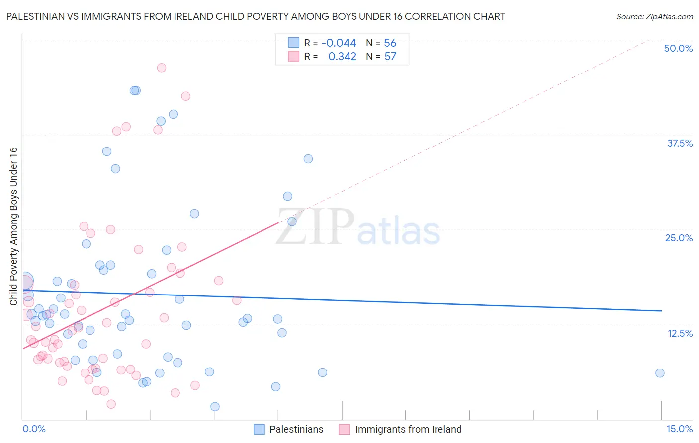 Palestinian vs Immigrants from Ireland Child Poverty Among Boys Under 16