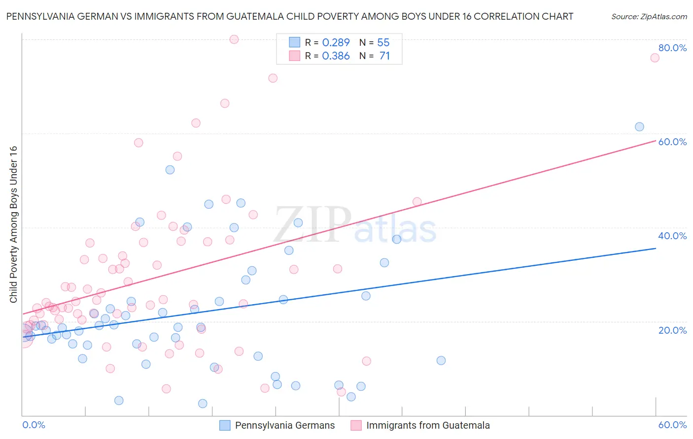 Pennsylvania German vs Immigrants from Guatemala Child Poverty Among Boys Under 16