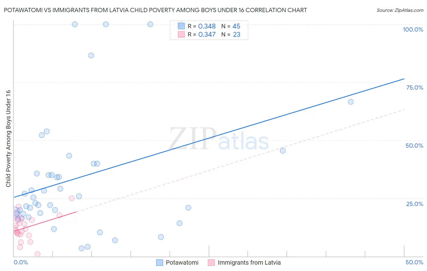 Potawatomi vs Immigrants from Latvia Child Poverty Among Boys Under 16