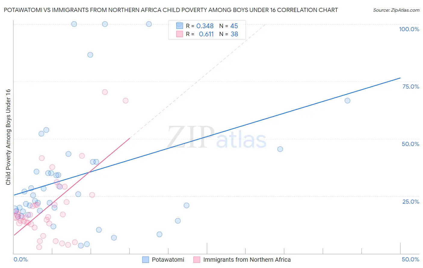 Potawatomi vs Immigrants from Northern Africa Child Poverty Among Boys Under 16