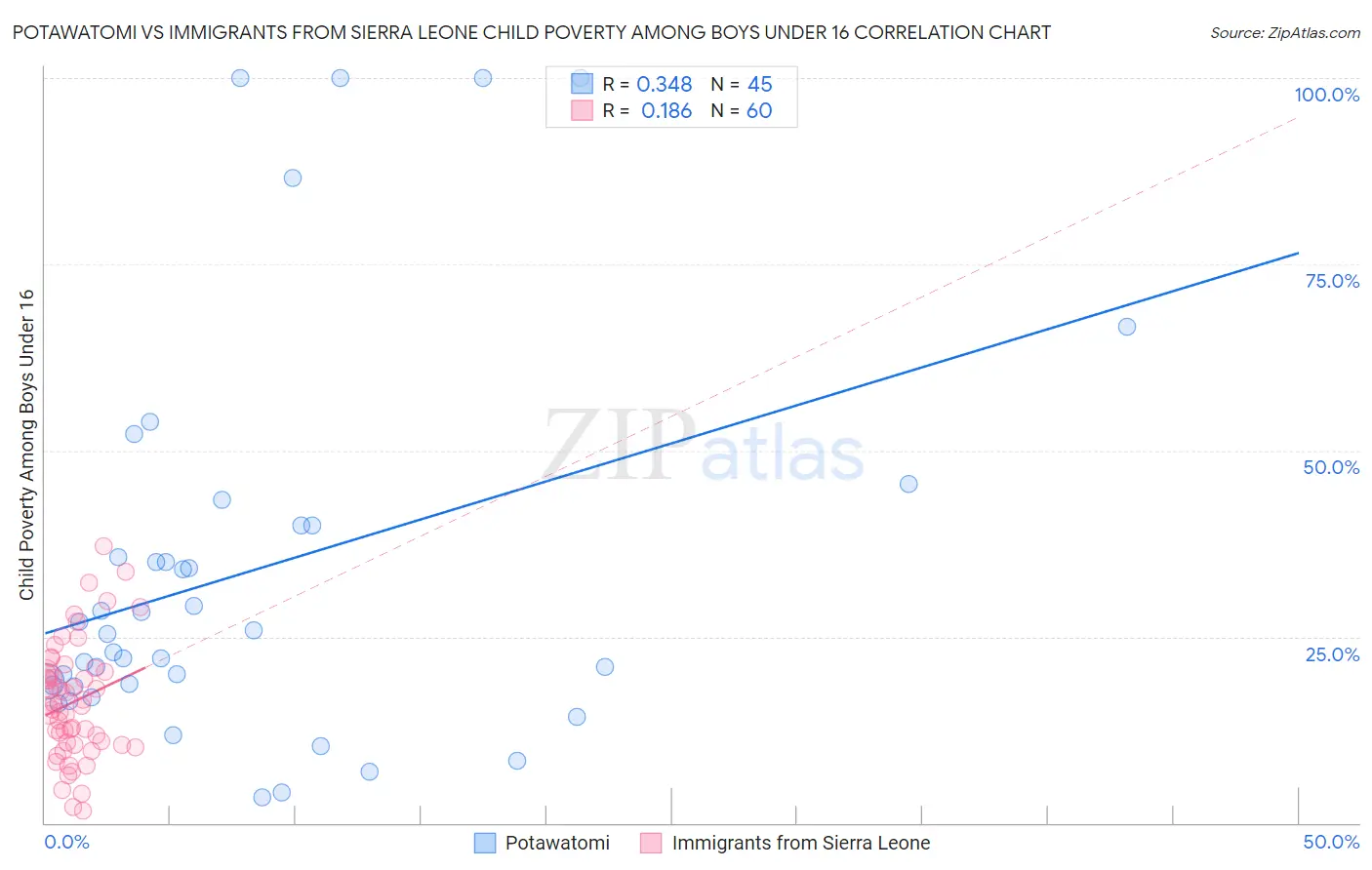 Potawatomi vs Immigrants from Sierra Leone Child Poverty Among Boys Under 16