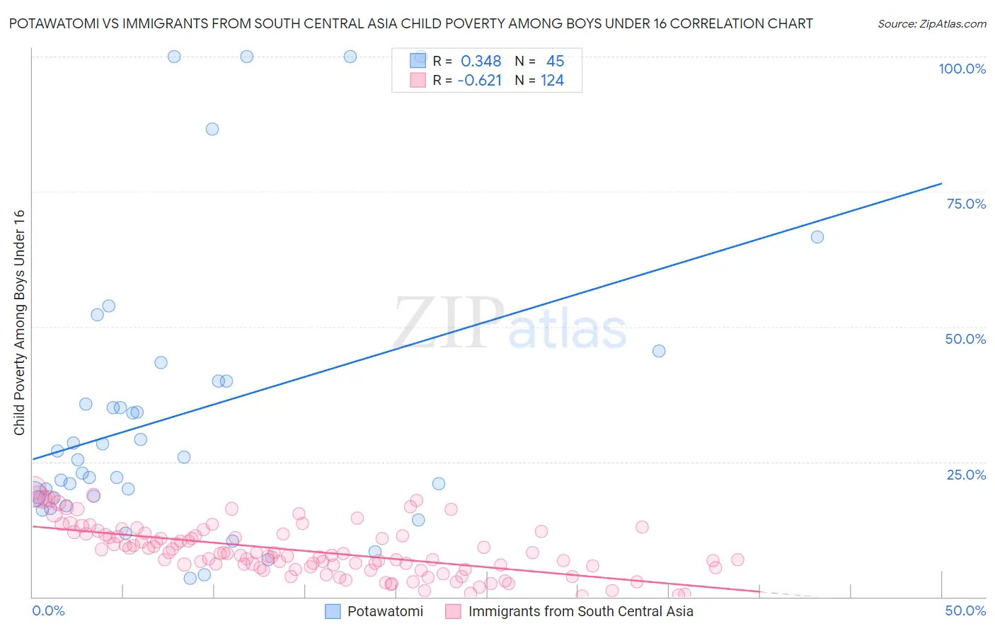 Potawatomi vs Immigrants from South Central Asia Child Poverty Among Boys Under 16