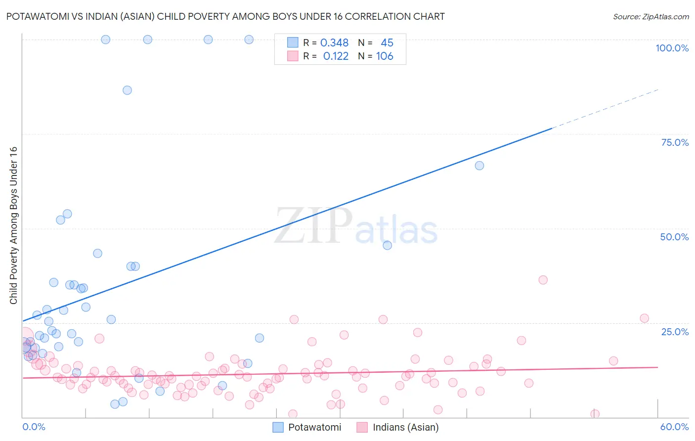 Potawatomi vs Indian (Asian) Child Poverty Among Boys Under 16
