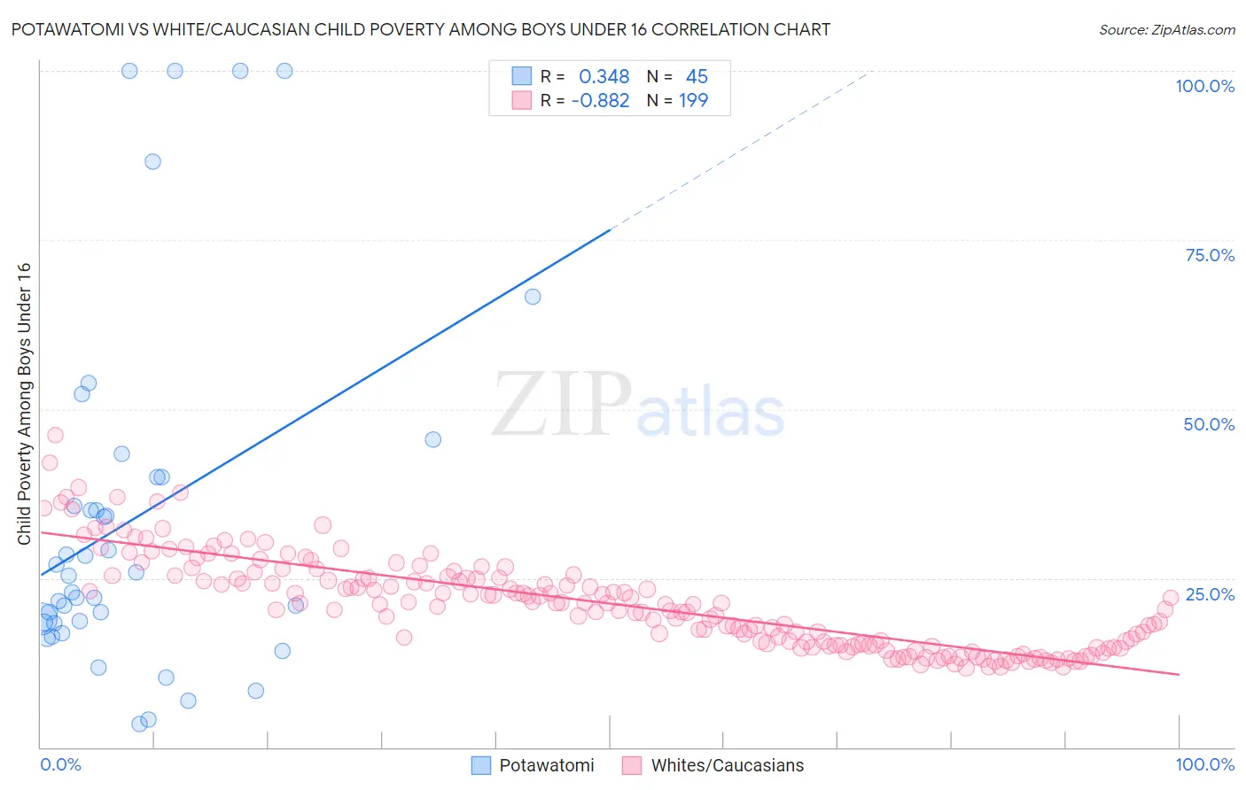 Potawatomi vs White/Caucasian Child Poverty Among Boys Under 16