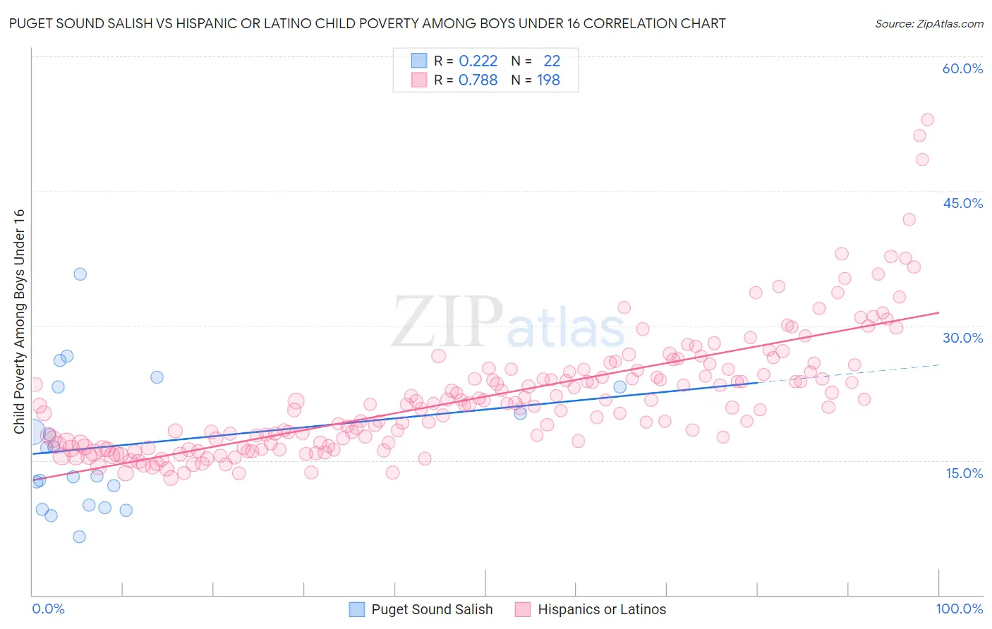 Puget Sound Salish vs Hispanic or Latino Child Poverty Among Boys Under 16