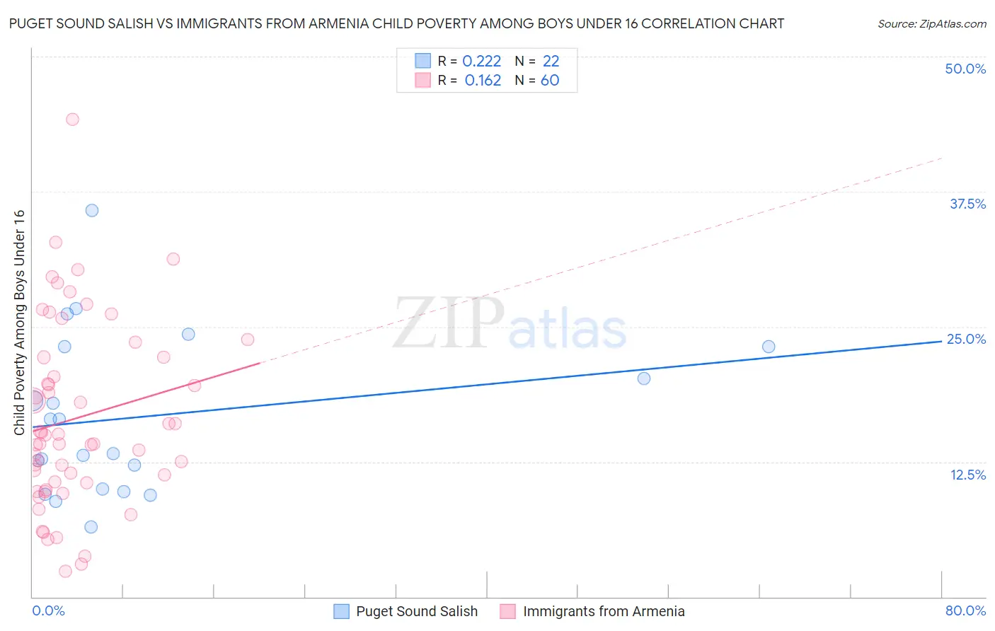 Puget Sound Salish vs Immigrants from Armenia Child Poverty Among Boys Under 16