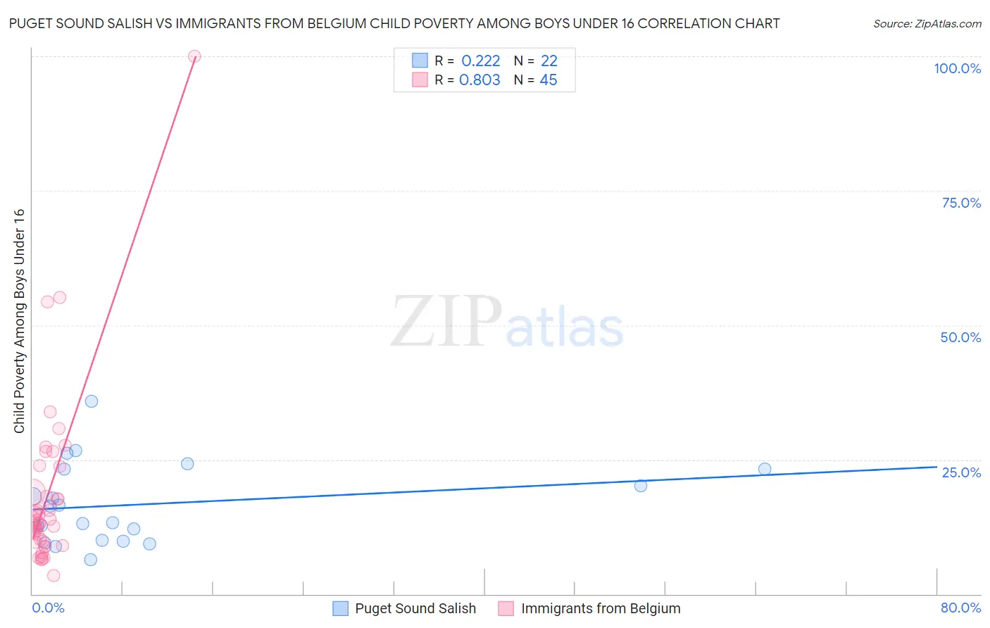 Puget Sound Salish vs Immigrants from Belgium Child Poverty Among Boys Under 16