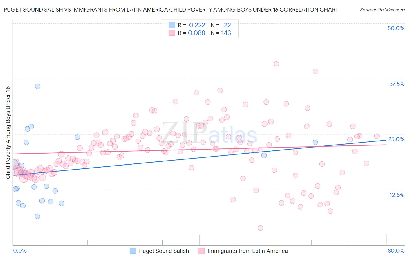 Puget Sound Salish vs Immigrants from Latin America Child Poverty Among Boys Under 16