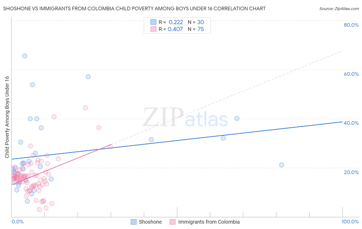 Shoshone vs Immigrants from Colombia Child Poverty Among Boys Under 16