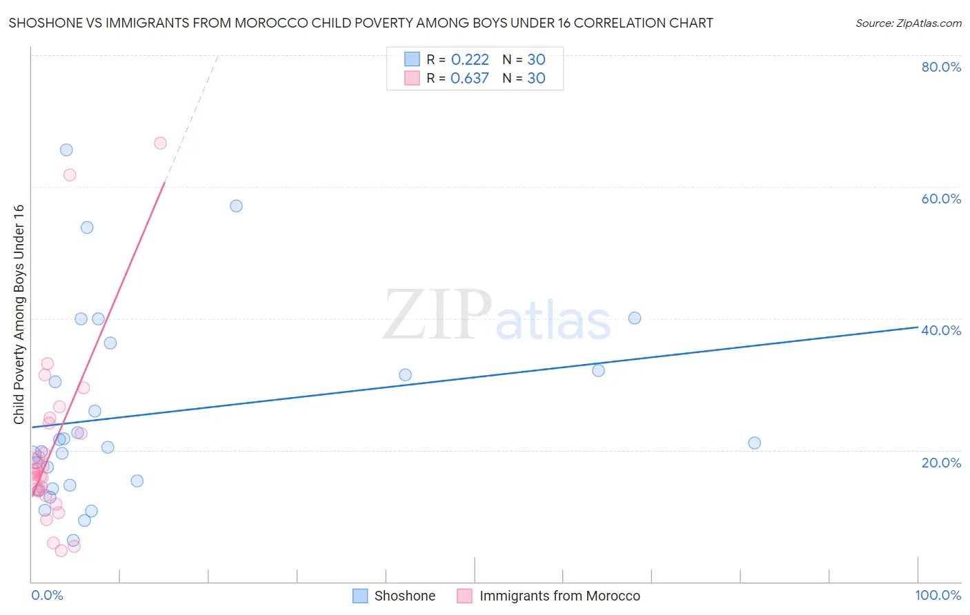 Shoshone vs Immigrants from Morocco Child Poverty Among Boys Under 16