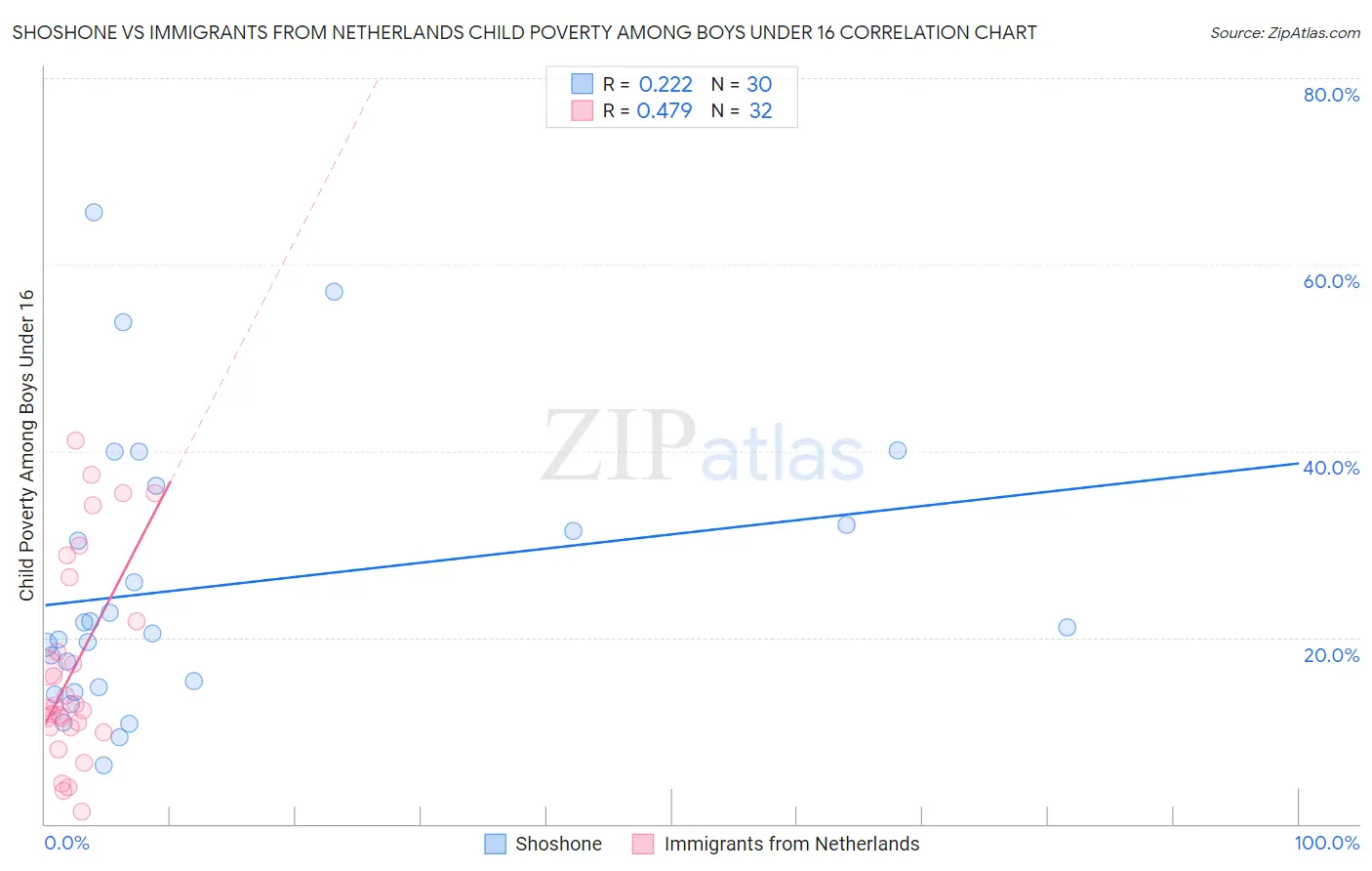 Shoshone vs Immigrants from Netherlands Child Poverty Among Boys Under 16