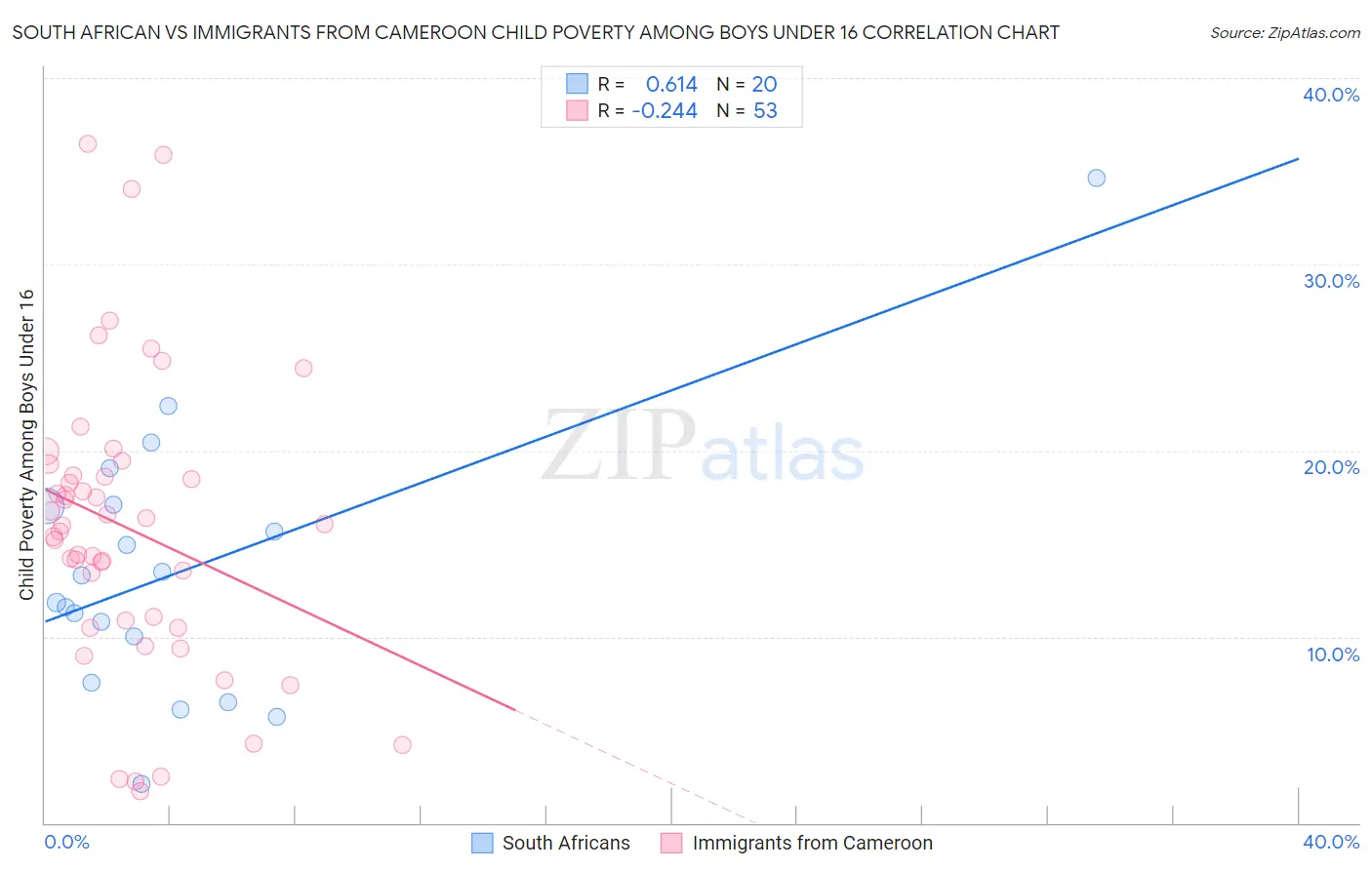 South African vs Immigrants from Cameroon Child Poverty Among Boys Under 16