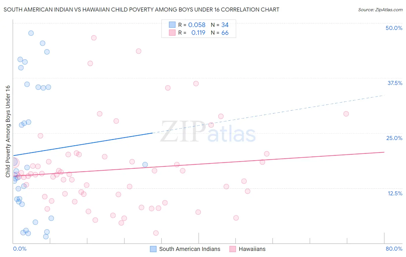 South American Indian vs Hawaiian Child Poverty Among Boys Under 16