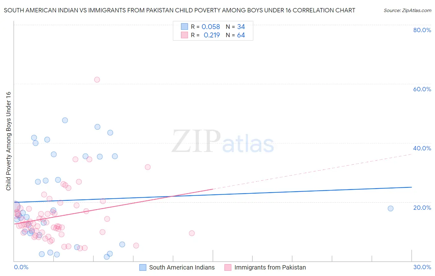 South American Indian vs Immigrants from Pakistan Child Poverty Among Boys Under 16