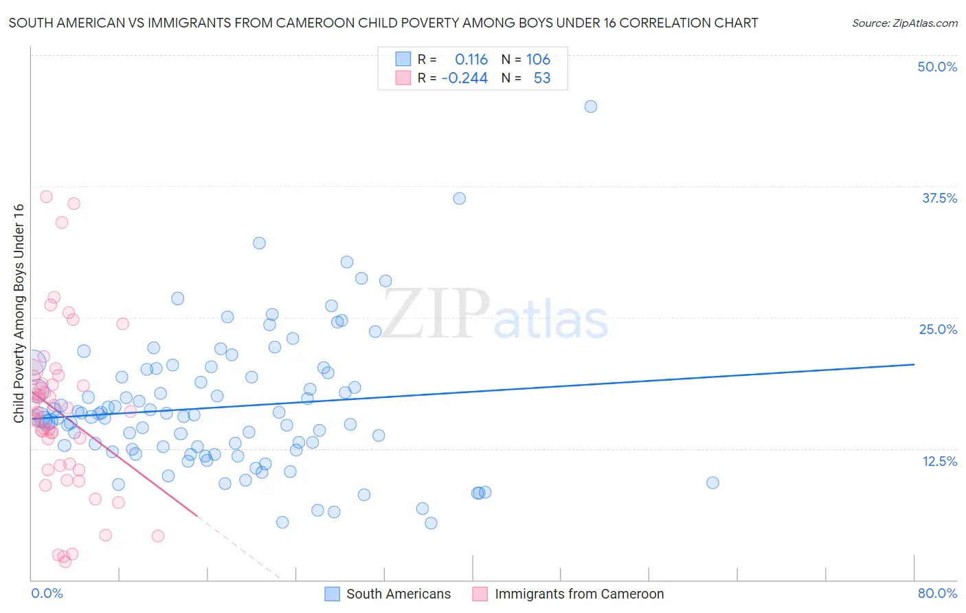 South American vs Immigrants from Cameroon Child Poverty Among Boys Under 16