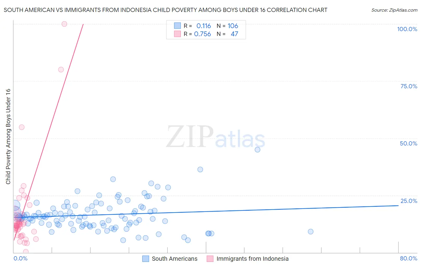 South American vs Immigrants from Indonesia Child Poverty Among Boys Under 16