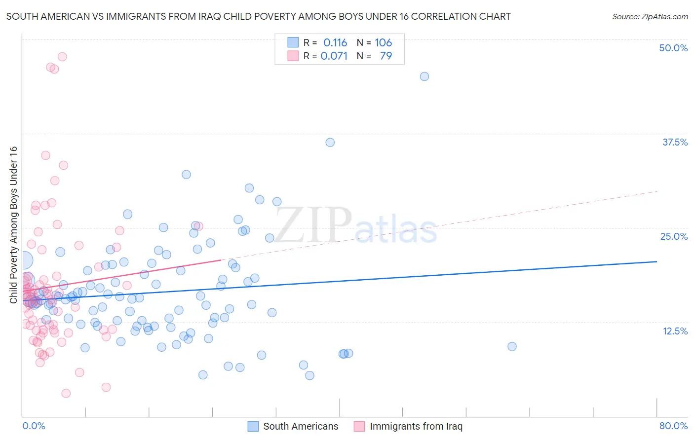 South American vs Immigrants from Iraq Child Poverty Among Boys Under 16
