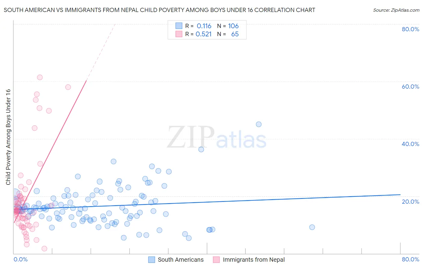 South American vs Immigrants from Nepal Child Poverty Among Boys Under 16